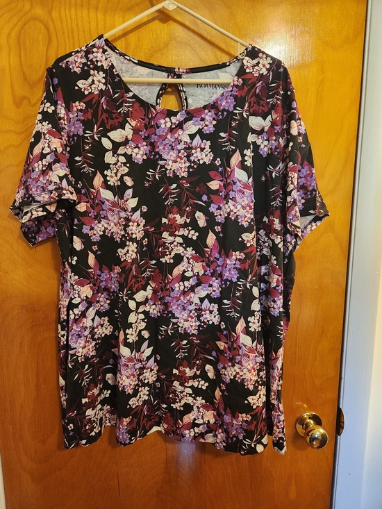 Roaman's Tops - Roaman's Black Floral Short-Sleeve Tunic with Pink & Purple Blossoms